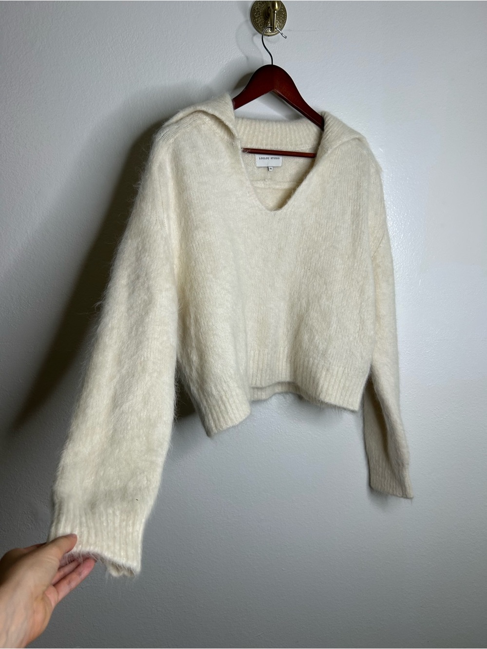 Lou Lou Studio Cream Alpaca Blend Collared V- Neck Heavy Knit Sweater Size M